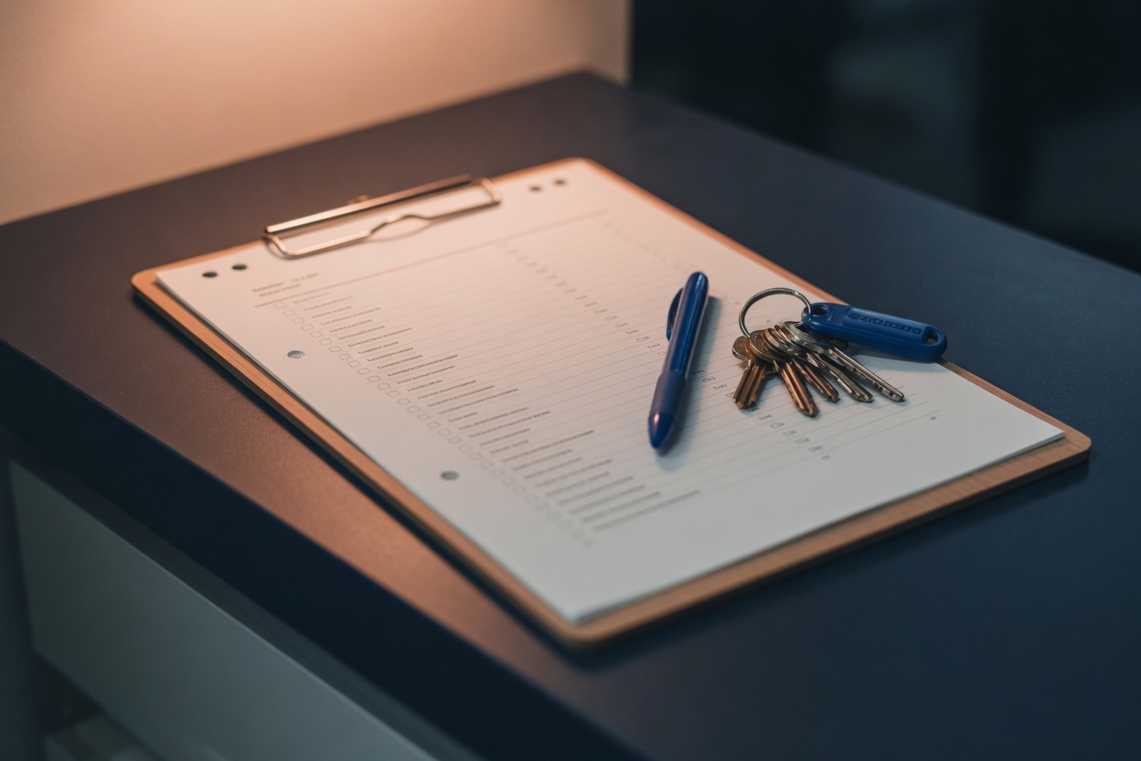 A clipboard of handwritten walk-through notes with a set of site keys resting beside it on a clean bench.