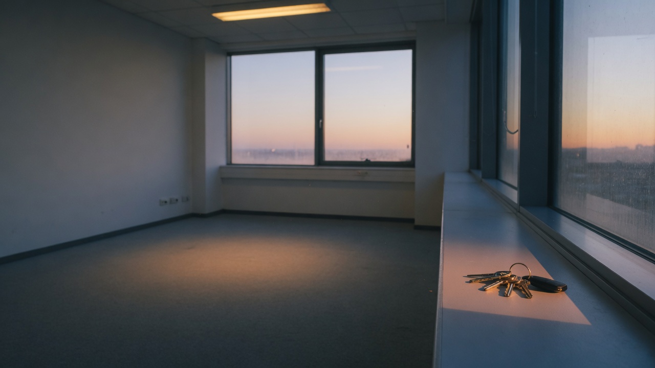 An empty office at dawn, cleaned and ready to hand back. A set of keys waits on the windowsill.