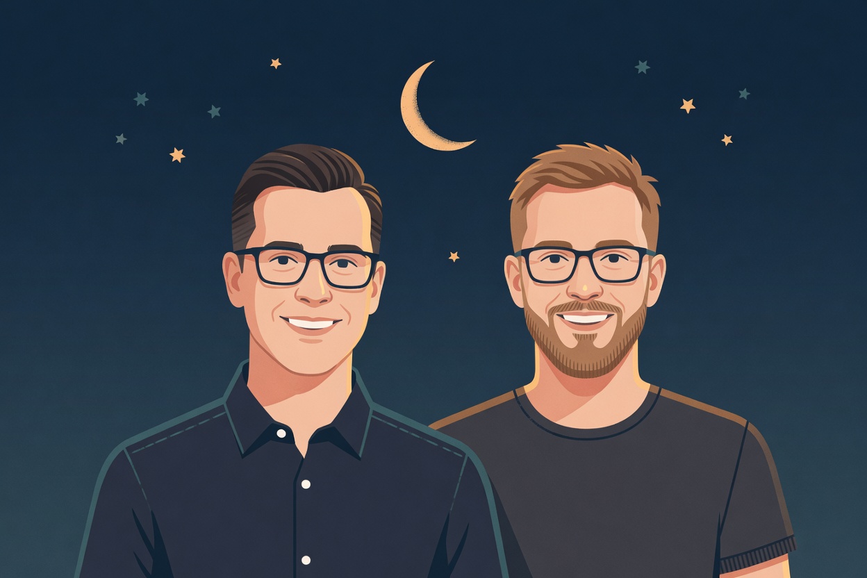 Illustration of Ashley and Brad side by side under a crescent moon.