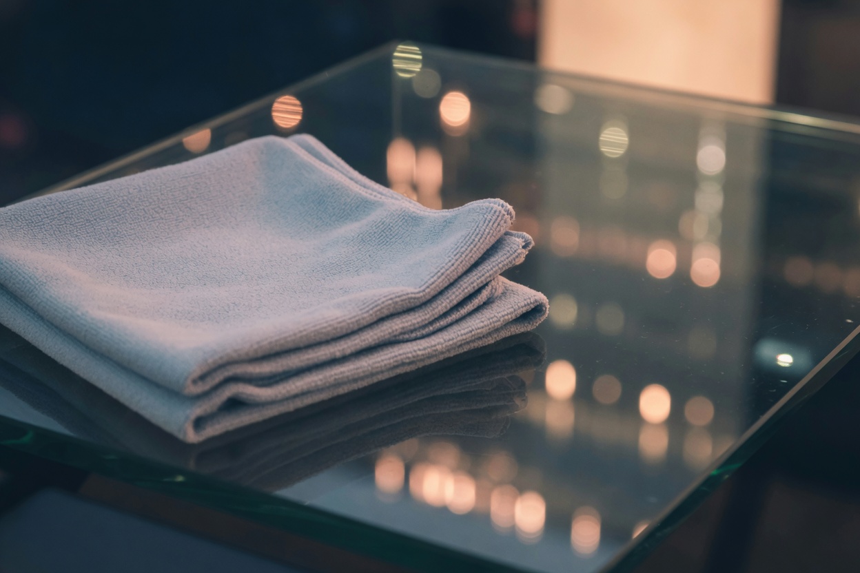 Close-up of a colour-coded microfibre cloth wiped across a pane of glass, leaving it clear and streak-free.