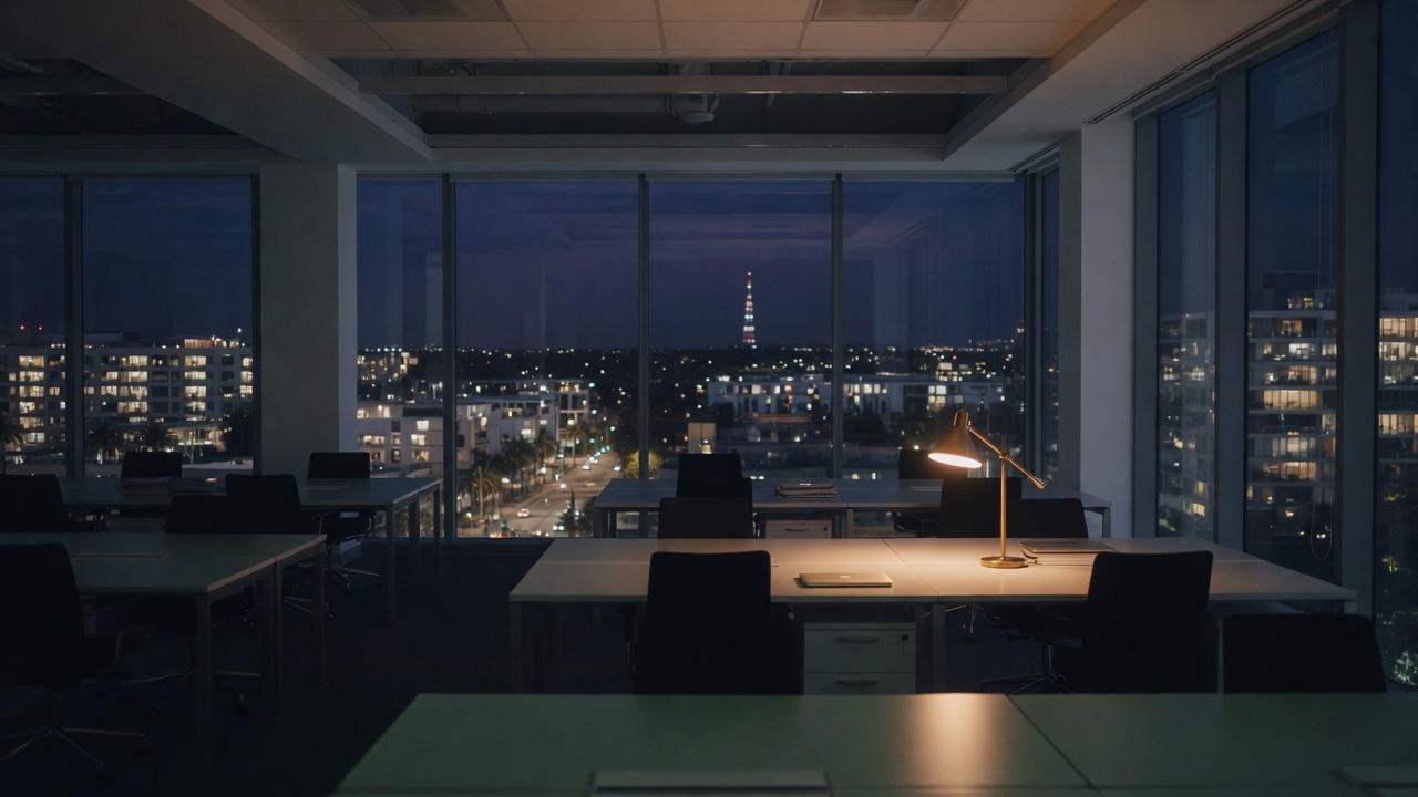 An empty open-plan office at night, one desk lamp left on, city lights beyond the glass.